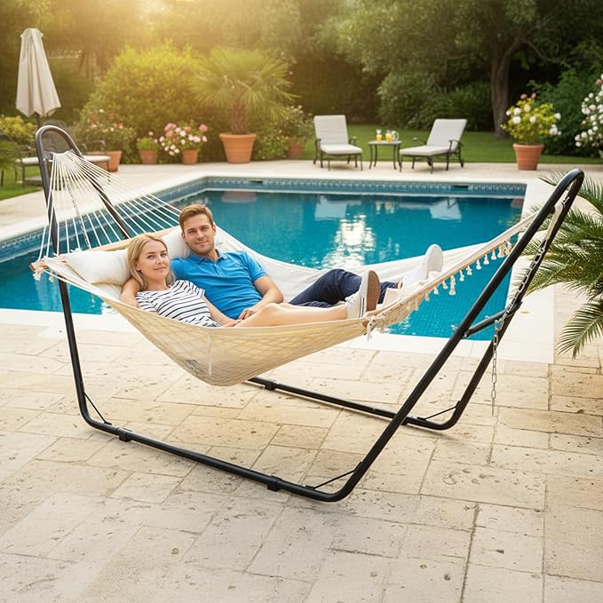 ONCLOUD Double Hammock with Stand for Outside, Rope Hammock with Pillow and Pad, Heavy Duty Hammock Set for Backyard, 550 LBS (White)