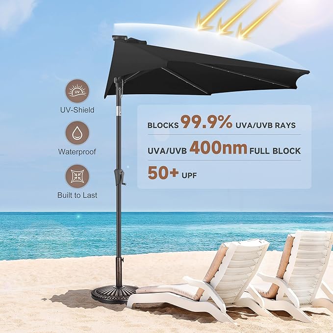 FLAME&SHADE 9 FT Solar Half Patio Umbrella with 25 LED Lights, Half Outdoor Umbrella with Button Tilt, Half Round Table Umbrella For Deck, Backyard, Balconies, Decks, Rvs, UV Protection (Black)