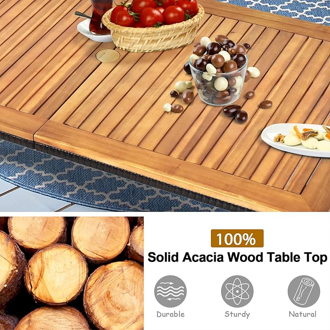 Tangkula 7 Pieces Outdoor Dining Set, Steel Frame Patio Dining Table Set w/ 6 Rattan Armrest Chairs, Modern Conversation Set w/Acacia Wood Top & Umbrella Hole for Backyard Garden Poolside