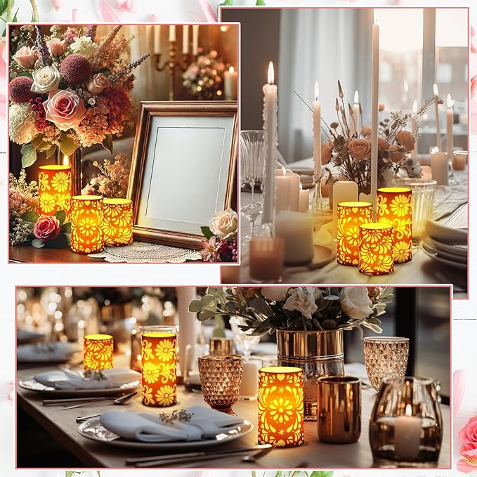 Baquler 3 Pcs Mexican Barro Flameless Candles with Remote Timer Battery Operated LED Flickering Pillar Mexican Home Decor Talavera Decor Mexico Gifts Dinner Holiday Decoration