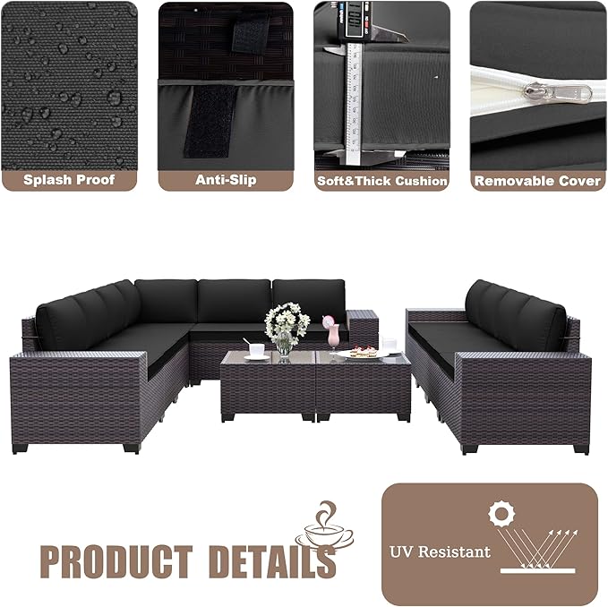 Patio Set Sofa 12-Pieces Wicker Sectional Sofa Set, Outdoor Furniture Rattan Patio Conversation Set with Cushions and Glass Coffee Table, Black