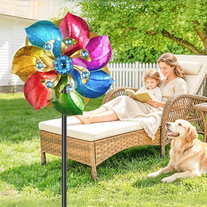 Double Sided Wind Spinner Outdoor Metal Wind Sculpture with Adjustable Height Pole & 5 Prong Base, Rainbow Floral Kinetic Wind Art Decor for Yard Garden Lawn Patio Outside Decoration