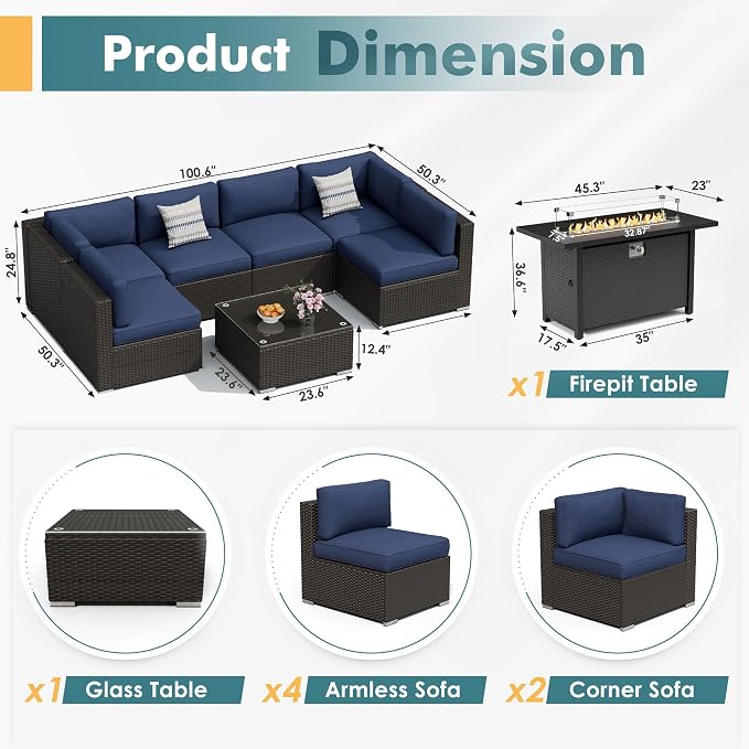 Betterland 7 Piece Outdoor Sectional Sofa Patio Furniture Set, All-Weather PE Rattan Wicker Patio Conversation Set with Washable Cushion, Glass Table and Waterproof Cover(Dark Blue)