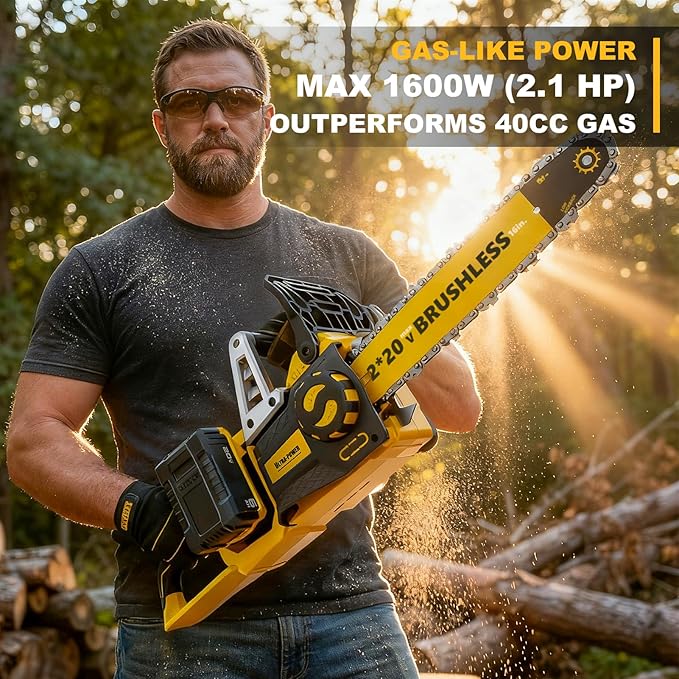 40V(20V*2) 16" Brushless Chainsaw Cordless, Electric Chainsaw Fully Compatible with DeWalt 20V MAX, Auto-Oiling, Tool-Free Tensioning, Safety Chain Brake, Batteries and Charger Not Included