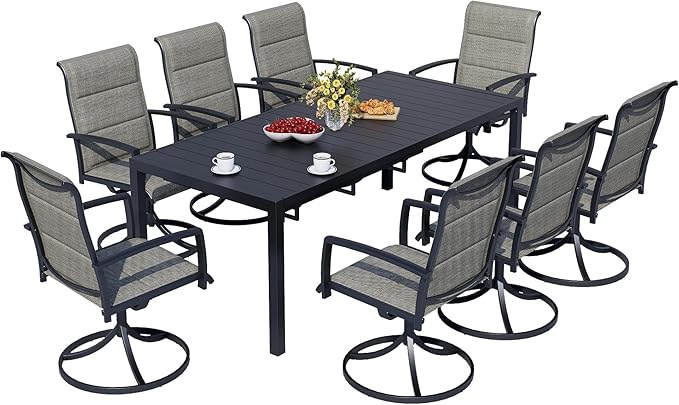 MEOOEM Outdoor Patio Dining Sets for 8, Outdoor Expandable Long Tables and Taupe Swivel Chairs Set of 8, All Weather Heavy Duty 9-Piece Outdoor Patio Table and Chairs for Garden, Backyard