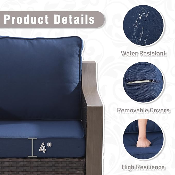 4 Piece Wicker Patio Conversation Set, All-Weather Use Outdoor 2 PE Rattan Swivel Chair, 2 Ottoman, Removable Water-Resistant Cushion, Ideal for Porch, Backyard, Balcony, Poolside, Blue