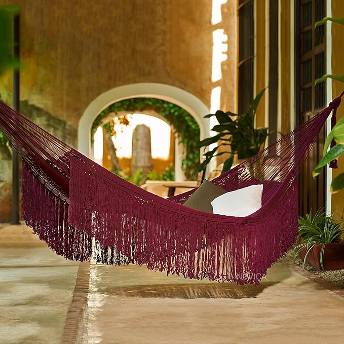 NOVICA Burgundy Cotton 1001 Summer Nights Mayan Hammock from Mexico 'Cascade in Wine'