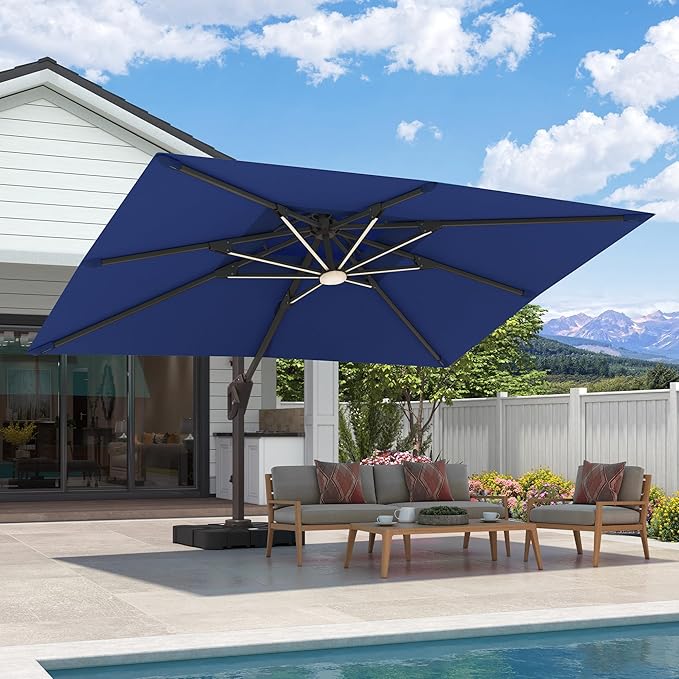 9x12 FT Cantilever Patio Umbrella with Base and Led Lights Double Top Outdoor Rectangular Large Heavy Duty Aluminum Offset Umbrellas with 7 Level Tilt 360-degree Rotation for Pool Garden Deck, Navy