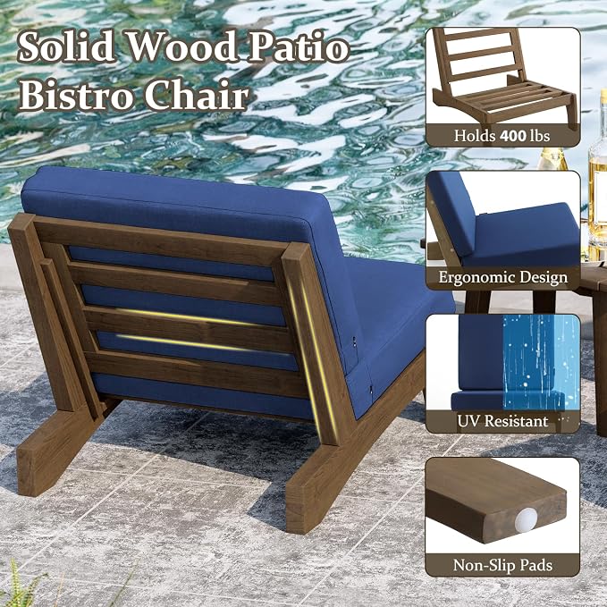 Pia Ricoo Patio Chairs Set of 2, Heavy Duty Wood Patio Furniture Set with Thick Cushions, Bistro Set All-Weather Outdoor Chairs for Balcony, Deck, Poolside, Porch - Navy