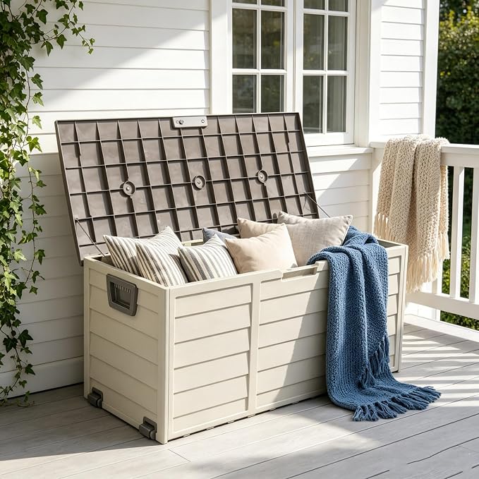75 Gallon Waterproof Outdoor Deck Box with Wheels, Lockable Resin Patio Storage Container for Cushions, Garden Tools, Pool Accessories and Outdoor Supplies, Brown
