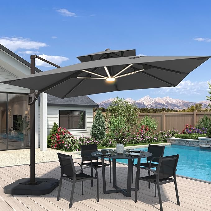 10x10 FT Cantilever Patio Umbrella with Led Lights Double Top Outdoor Square Large Heavy Duty Aluminum Offset Umbrellas with 7 Level Tilt 360-degree Rotation for Pool Garden Deck, Grey