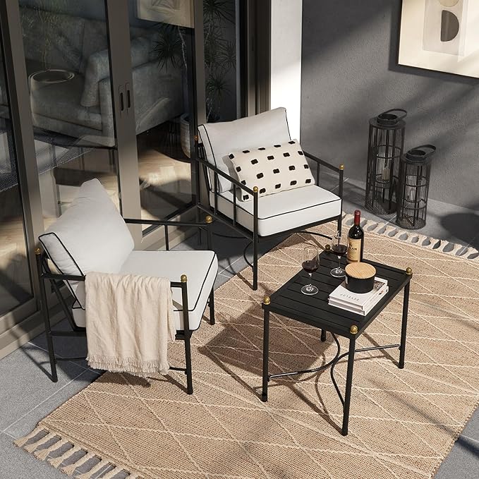 mopio Odelia 3 Piece Outdoor Furniture Set, Bistro Table and Chairs Set of 2, Premium Metal Patio Conversation Set, for Balcony, Small Apartments, Porch, Backyard, Patio Chairs Set of 2, Coffee Table