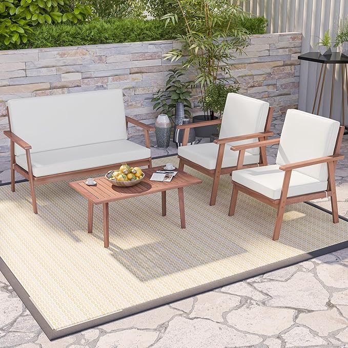 Tangkula 4 Piece Outdoor Conversation Set, Acacia Wood Sofa Set with Soft Seat & Back Cushions, Rectangle Coffee Table Patio Wood Furniture Set for Backyard, Poolside, Garden (1, Off White)