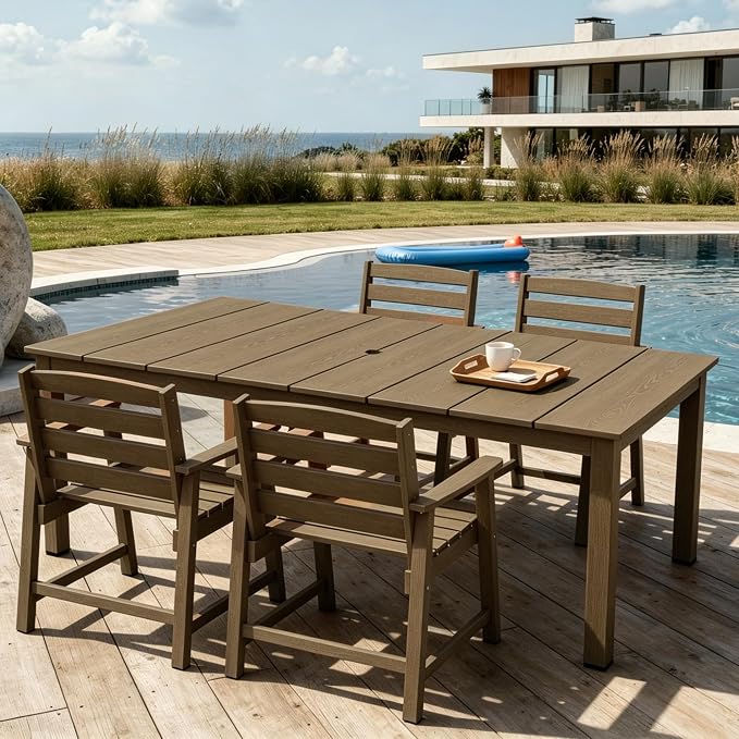 AreShark 5-Piece Outdoor Dining Set,HDPE Patio Table with 4 Armchairs,All-Weather Patio Furniture Set with Umbrella Hole,Low Maintenance Wood Grain Dining Set for Backyard,Garden,Poolside,Black