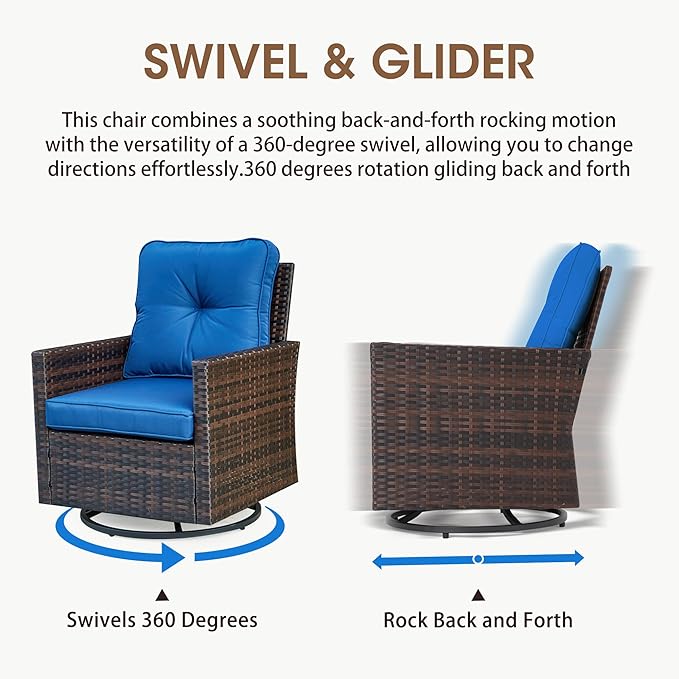 AVAWING 3 Pieces Patio Bistro Set, Wicker Swivel Glider Chairs with Tempered Glass Side Table, Patio Chair Set with Waterproof Blue Cushions for Garden, Balcony and Porch