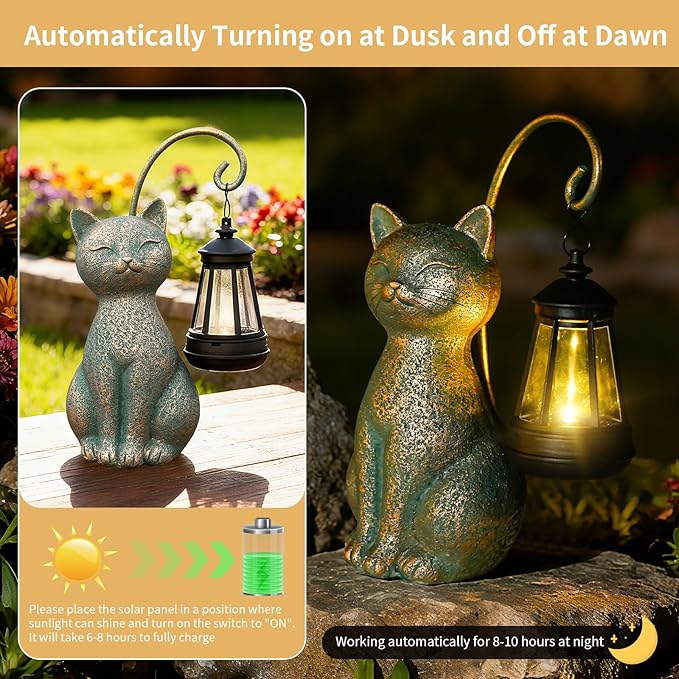Solar Cat Garden Statue with Hanging Lantern – Waterproof Resin Outdoor Solar Cat Figurine, Decor for Yard, Patio, Balcony – Gift for Cat Lovers or Gardeners