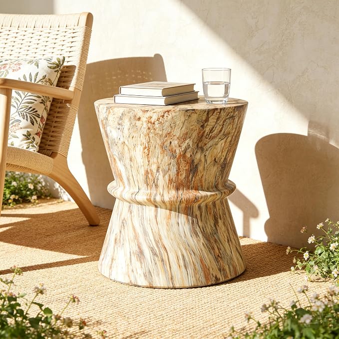 Merax Hourglass Shape Outdoor Side Table, Concrete Contemporary Lightweight Accent Table with Simulated Stone Texture, Outdoor Accent End Table for Livingroom, Garden, Amber+Brown