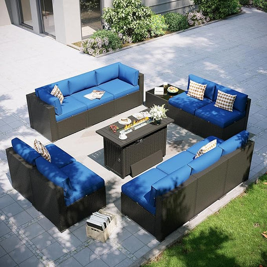 Aoxun Patio Furniture Set with Fire Pit Table, 12 Piece Outdoor Sectional Set, 10 Seats Wicker Rattan Outdoor Furniture with Thickened Cushion for Backyard, Garden Navy Blue