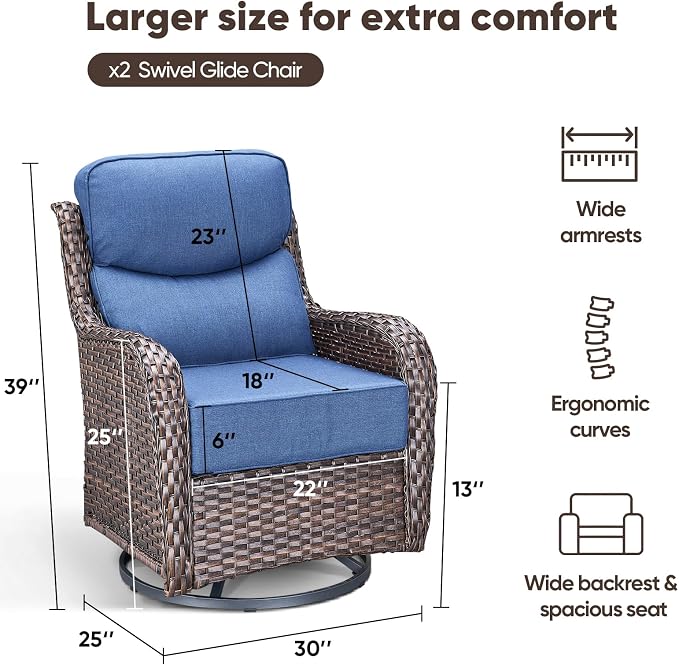 Swivel Patio Chairs Set of 2 with 6" Thick Cushion - Wicker Outdoor Swivel Rocker Patio Sets, High Back Comfortable Outdoor Glider Chairs - Brown Wicker | Blue Cushion