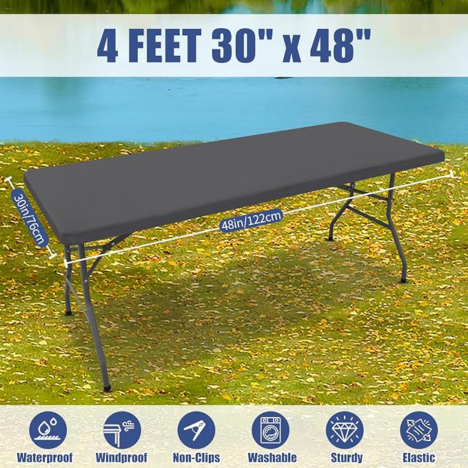 Moosfor Spandex 4 Foot Rectangle Table Cloth 2 Pack, Elastic Fitted Tablecloths for Picnic, Stretch Washable Patio Table Cover for Outdoor, Camping, Banquet and Parties (Dark Grey, 30"x48")