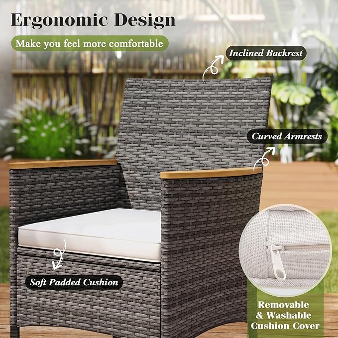 Tangkula 9 Pieces Outdoor Wicker Dining Set, Patio Dining Furniture Set with Acacia Wood Table and 8 Armchairs, Outdoor Table and Chairs Set with 1.96” Umbrella Hole and Cushions