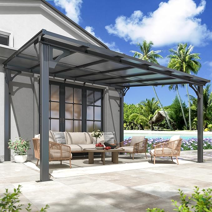 AirWire 10x12 FT Gazebo,Wall Mounted Gazebo Awnings with Polycarbonate Roof on Clearance, Patio Covers for Shade and Rain, Lean to Gazebo Hardtop Pergolas for Patios, Decks, Backyard