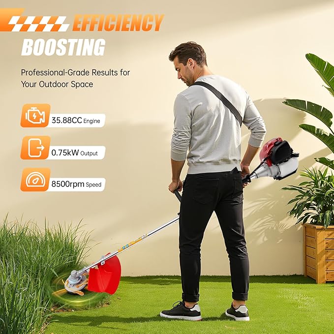Bepritm 35.88CC Gas Weed Wacker, 4-Stroke String Trimmer/Edger with Dual Blade Head System & Shoulder Strap & Cordless Design, Powerful Brush Cutter for Garden/Yard/Urban Greening (35.88CC)