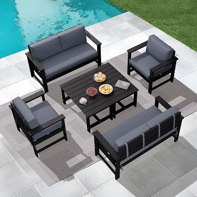 KINGYES 6 Pieces Outdoor Furniture Set, HDPE All Weather Use Conversation Couch, Black Frame with Grey Cushions