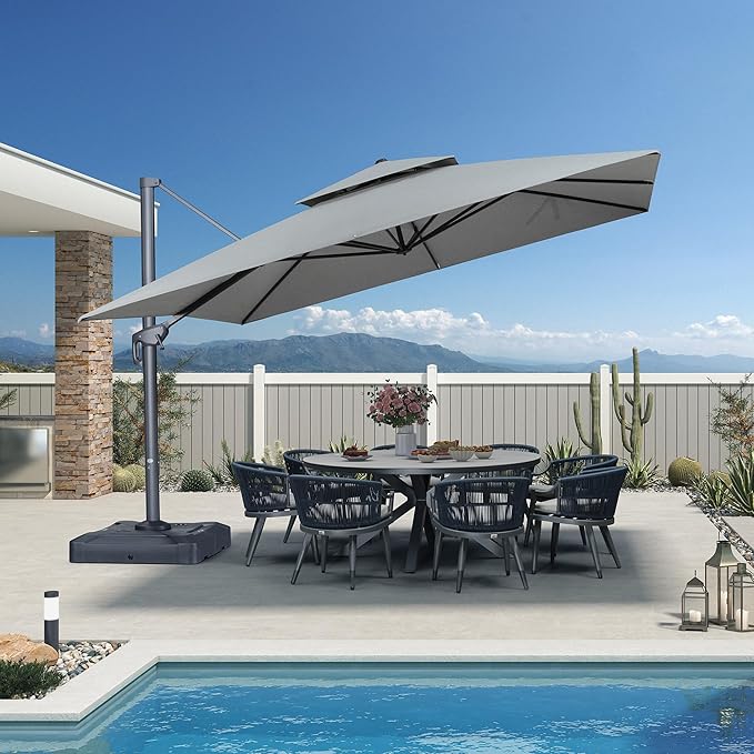 PURPLE LEAF 12 FT Cantilever Umbrella Outdoor Patio Umbrella, Large Offset Square Umbrella, Windproof Heavy Duty Hanging Outside Umbrellas for Patio, Pebble Grey