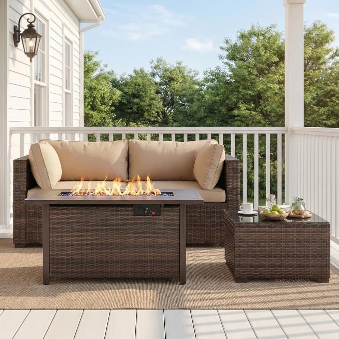 4 Pieces Patio Furniture Set with Fire Pit and Glass Table, Outdoor PE Rattan Sectional Sofa with Soft Cushions for Backyard, Porch, and Poolside (Beige, 4 PCS w/Table/Firepit)