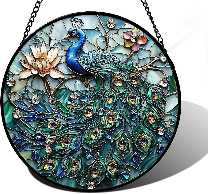 DASTOLL Stained Glass Window Hanging, Blue Peacock Decoration Suncatcher for Door Garden Home Flower Bird Sun Catchers Christmas Mother's Day Birthday Gifts for Women Men Mom Nana Friend 7.8 in