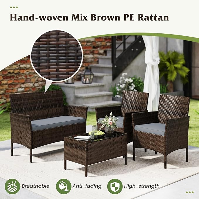 S AFSTAR 4 Pieces Patio Rattan Conversation Set, Patio PE Outdoor Set w/Tempered Glass Coffee Table, Loveseat & Chairs, Zippered Gray Cushions, Wicker Patio Sofa Set for Backyard, Garden & Poolside