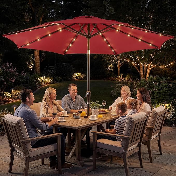 Garvee 10FT Patio Umbrella with 32 Solar LED Lights, Outdoor Table Market Umbrella with Tilt and Crank, 8 Sturdy Iron Ribs Sun Shade for Garden, Deck, Backyard and Pool, Red