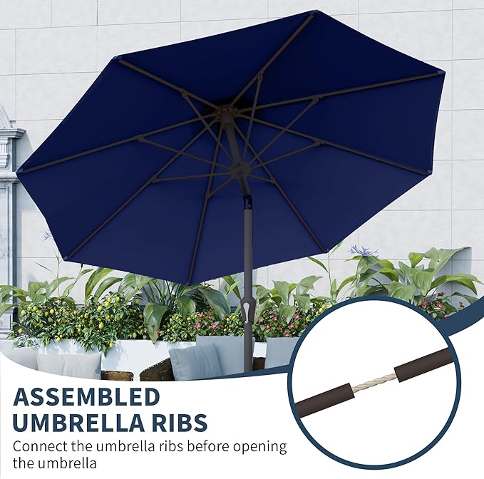PatioKingdom Patio Umbrella with Push Button Tilt and Crank, Outdoor Market Umbrella with 8 Fiberglass Ribs, UV Protection Table Umbrella for Pool,Backyard,Garden,Deck (Navy, 10FT)