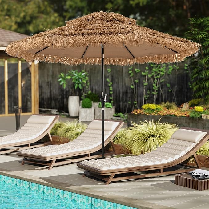 Tangkula 10 ft Thatched Patio Umbrella, 2 Tier Hawaiian Style Grass Beach Umbrella with 32 Led Lights, Center Light, Solar Tiki Umbrella with 8 Ribs, Tilt Adjustment, Manual Crank for Backyard, Poolside, Deck