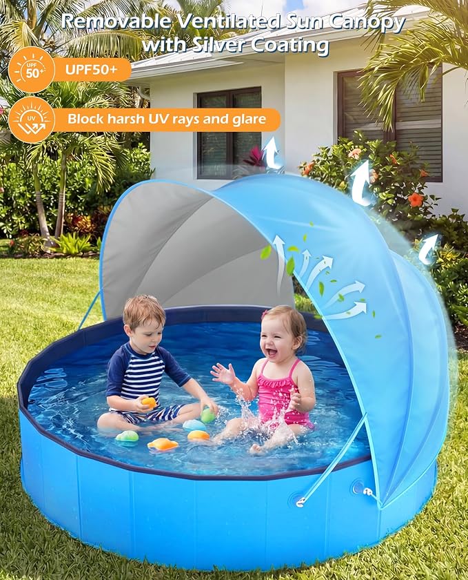 Jasonwell Kiddie Baby Pool with Canopy - Foldable Infant Toddler Kids Pool with Shade Baby Beach Essentials Tent Swimming Wading Pools for Toddlers 1-3 + Kids Dogs Ball Pit Backyard Water Play B, 63"