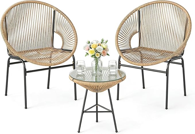 COSTWAY 3-Piece Outdoor Acapulco Chair Set, Wicker Conversation Bistro Sets with Plastic Rope, Glass Top Table, Patio Rattan Furniture Set for Garden, Balcony, Lawn, Backyard, Apartment (Brown)