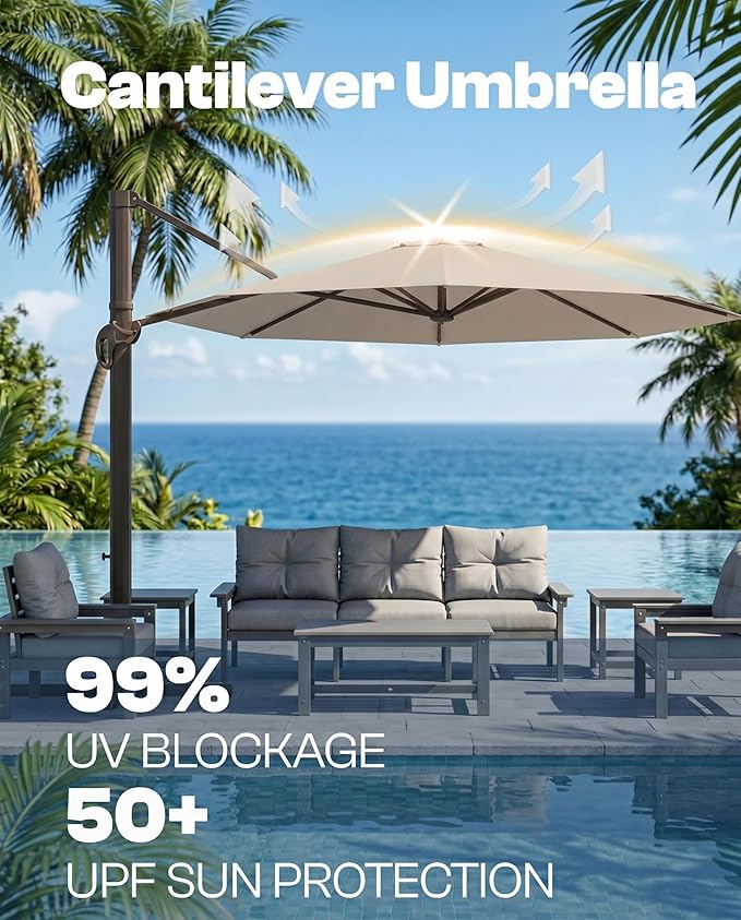 9 FT Round Cantilever Umbrella,Easy Tilt, Fade Resistant & 360° Rotation, Offset for Pool Deck Backyard Patiobeige (Base not Included)