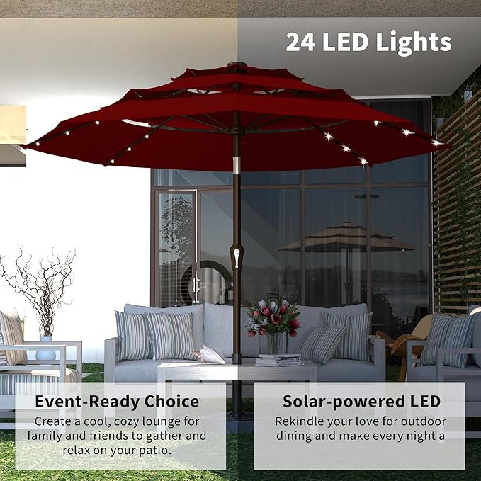 Kingdura 9ft 3-Tier Patio Umbrella with Solar Lights, Table Umbrella Outdoor Patio with Easy Crank & Tilt, 8 Sturdy Ribs, UV Protection, 32 LED Lights for Deck, Poolside, Market (Dark red)