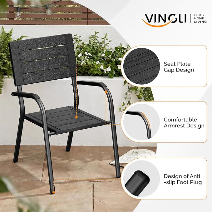 VINGLI Outdoor Patio Dining Chairs, Stackable HDPE All-Weather Arm Chairs, Weatherproof Outdoor Seating for Garden, Backyard, Poolside, Balcony,Black (2 Pack)