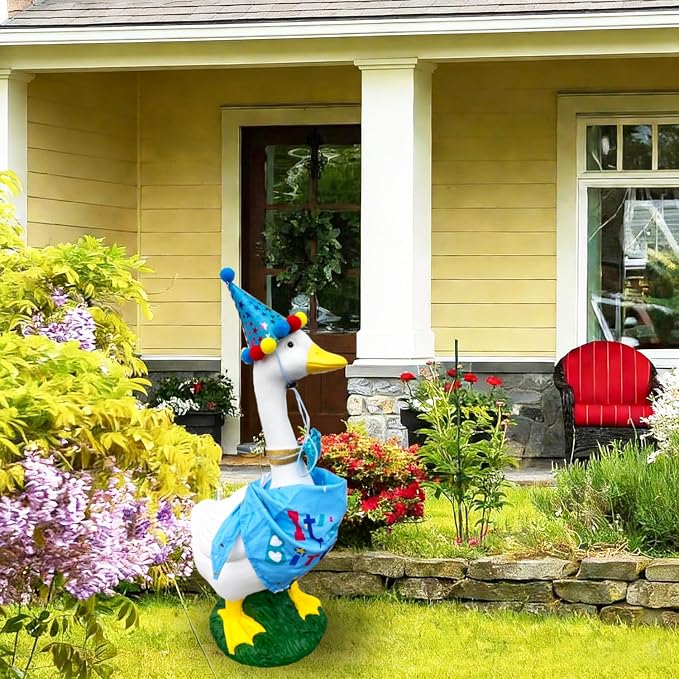 Porch Goose Statues with Outfits - 20" Large Durable Resin Goose Statue Decor with Birthday Outfit Set, Funny Big Duck Sculpture, for Garden Lawn Yard Entryway Accent Decoration