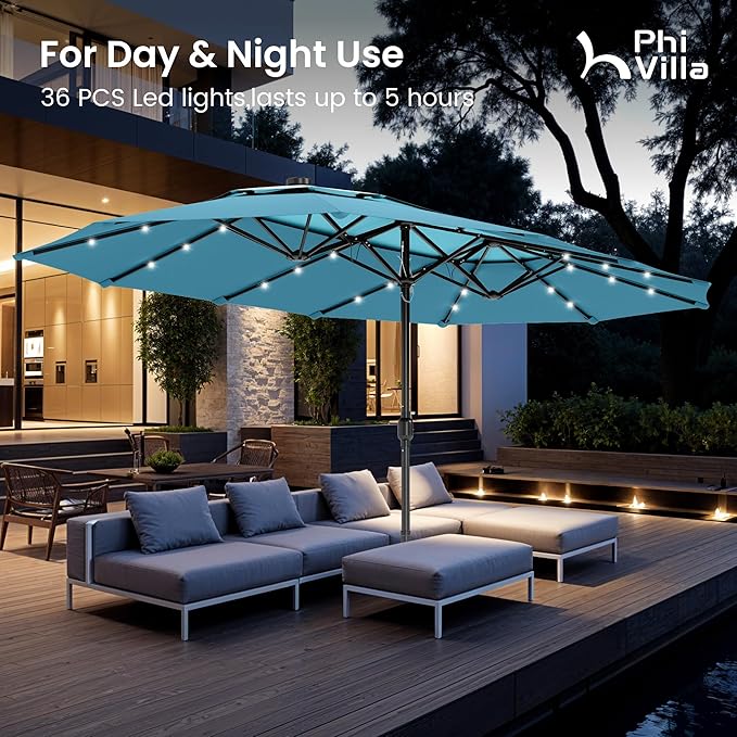 PHI VILLA 15ft 2-Tier Large Patio Umbrella with Solar Lights, Double-Sided Outdoor Market Rectangle Umbrellas with 36 LED Lights, Umbrella Base (Stand) Included, Blue&Cerulean