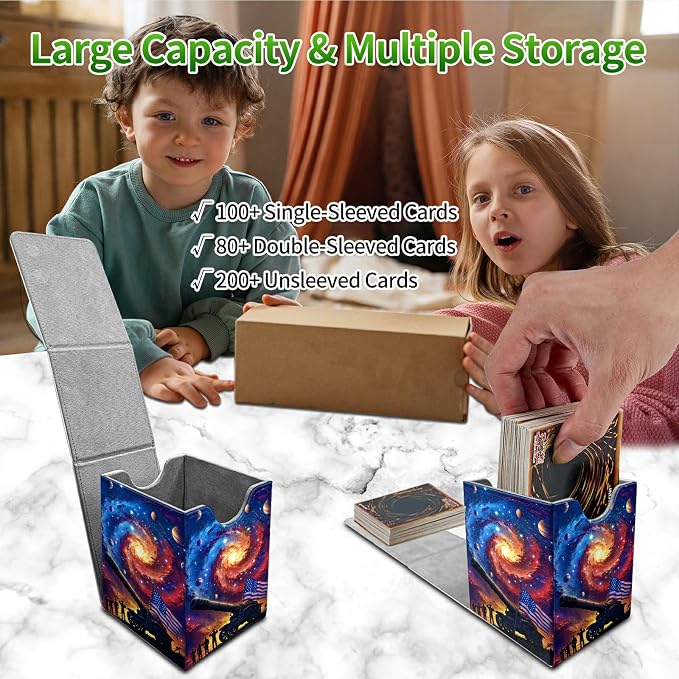 Starry Sky Flag Card Deck Box for MTG, Personalized Card Storage Case Fits 120+ Sleeved Cards, Premium Leather TCG Box with Strong Magnetic Closure for Magic, CCG, PTCG, Baseball Cards