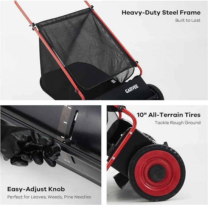 Garvee Push Lawn Sweeper, 26 in Leaf & Grass Collector with 7 Cu. ft. Hopper Bag, 4 Spinning PP Brushes, Durable Steel Construction, Adjustable Height & Rubber Tires for Leaves Grass Cleanup