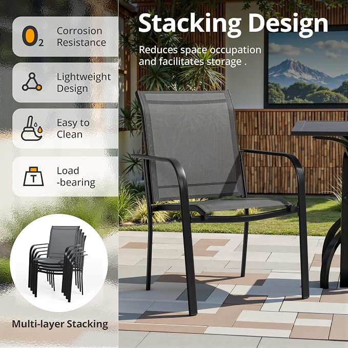 SUNCROWN 8 Pieces Outdoor Dining Set, Patio Furniture Set with 6 Textilene Dinning Chairs, 1 Rectangle Metal Table and 1 Dark Blue 9Ft Patio Umbrella for Garden Backyard Lawn Deck, Grey