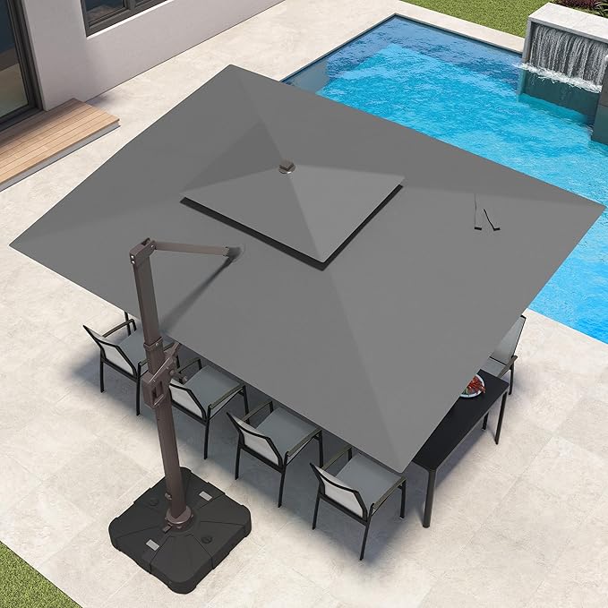 10x13 FT Patio Umbrella with LED Lights Cantilever Outdoor Large Heavy Duty Rectangle Aluminum Offset Umbrellas Double Top 360 Rotation 7 Tilt Adjustment for Pool Deck Garden, Grey