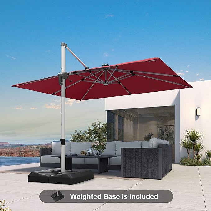 PURPLE LEAF Patio Umbrella with base 9' X 12' Outdoor Rectangle Cantilever Umbrella Solar Powered LED with 360-degree Rotation for Garden Deck Pool Patio, Terra
