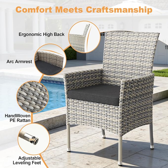 15-Piece Patio Dining Set with Square Tempered Glass Table Patio Furniture Set with 12 Wicker Chairs, Expandable Design for Larger Groups, Outdoor Furniture for Backyard, Deck, Garden, Dark Grey