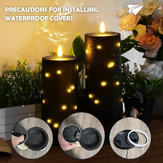 kakoya 10" x 4" Large Outdoor Waterproof Flickering Flameless Candles with Timer,2Pcs Battery Operated LED Pillar Candles with Embedded Star String for Outdoor Lanterns,Porch,Patio Decor(Black)