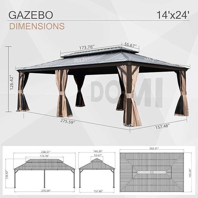 Domi 14' X 24' Hardtop Gazebo, Upgraded Metal Gazebo with Drainage System, Dual-Layer Galvanized Steel Roof, Curtain and Netting, Outdoor Shelter Canopy for Patio, Garden, and Backyard, Brown